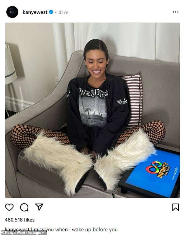 In celebration of her 29th birthday, he not only shared the super short portrait, but also a photo of her lounging on the couch, wearing a black long-sleeved shirt, fishnet tights for pants and white fur boots.