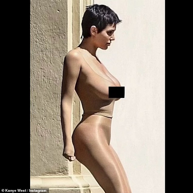 West also posted a more recent photo of her from their last summer vacation in Europe.  She sported a short, jet-black haircut and wore a skin-tight bodysuit made of sheer, nude stockings