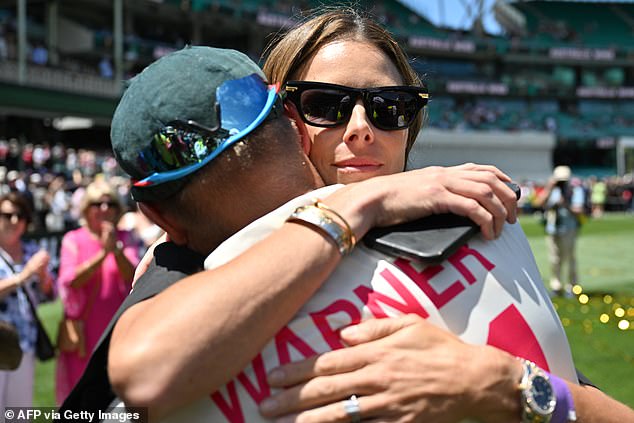 Warner shares a special moment with his wife Candice after his final test match for Australia