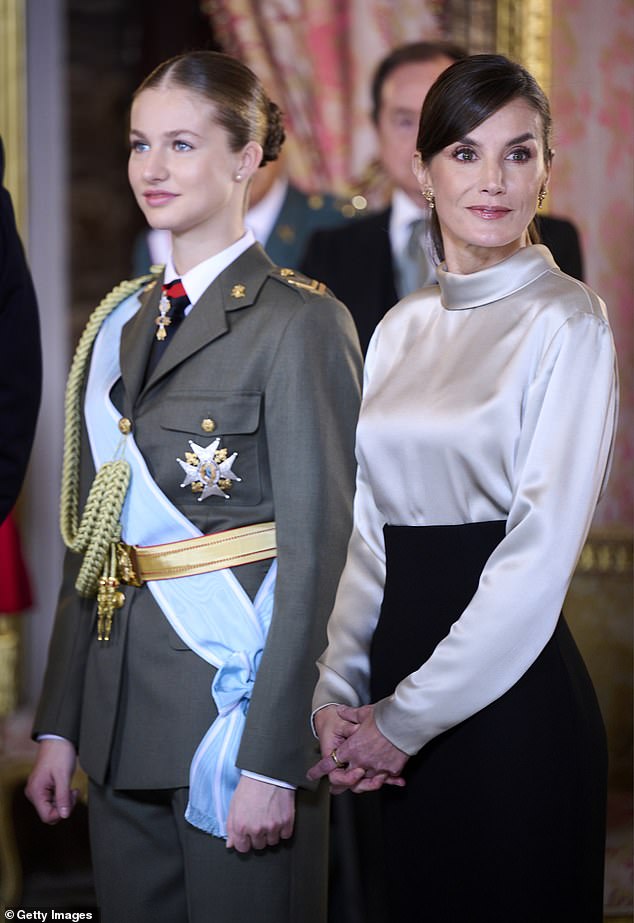 Proud parents Queen Letizia and King Felipe were also present in Madrid as the 18-year-old heiress presumptive marked the start of the new year in full military garb