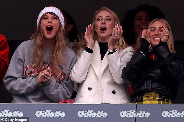 Taylor Swift, Brittany Mahomes and Ashley Avignone cheer after a Kansas City Chiefs touchdown during the second quarter against the New England Patriots at Gillette Stadium in Foxborough, Massachusetts, on December 17, 2023