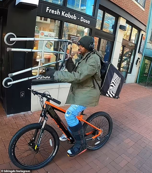 It's a tricky affair as Ross has to carefully balance his walker on the bike as he rides it and carry the food order on his back