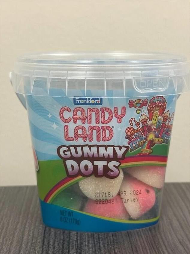 Inspired by the Hasbro board game Candy Land, the Frankford Candy Land Gummy Dots contain no choking hazard or safety warning