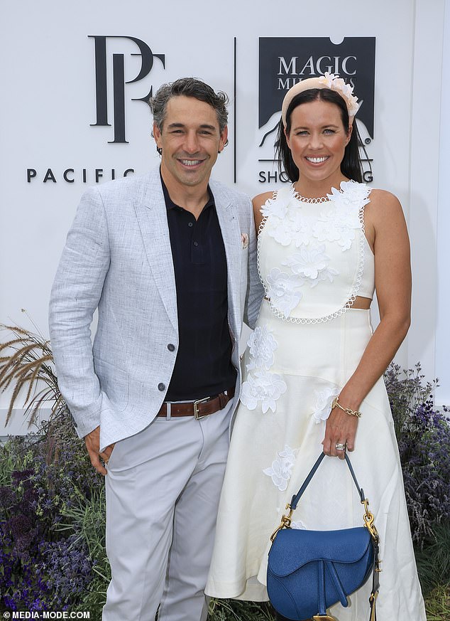 Also in attendance was former NRL star Billy Slater, 40, who cut a dashing figure in a sleek, unbuttoned gray blazer which he teamed with matching trousers and a black shirt.  Pictured: Billy Slater and his wife Nicole