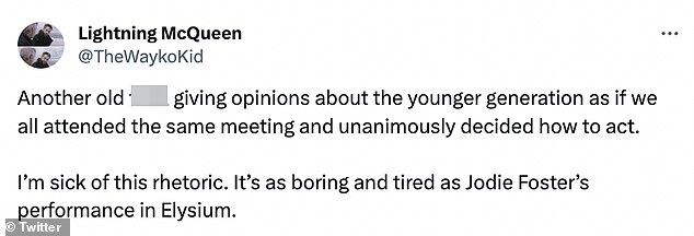 But people were unimpressed by her comments, accusing Jodie of being 'divisive' for claiming the stance of a single age group was 'unanimous', and pointing out that many generations throughout history had criticized the generation that came after.