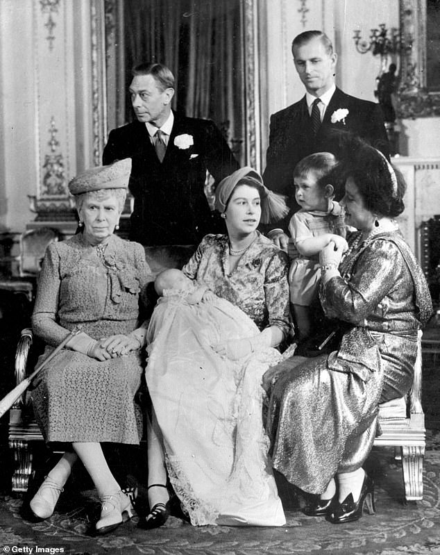 Four generations of the British monarchy pictured together at Buckingham Palace after Princess Anne's baptism in 1950. From left to right: Queen Mary, King George VI, Queen Elizabeth II, Prince Philip, Prince Charles and Queen Elizabeth, the Queen Mother