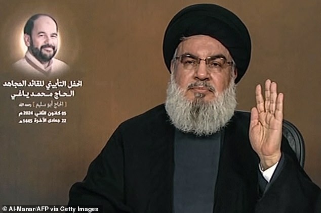 The head of the Lebanese Shiite movement Hezbollah Hassan Nasrallah makes a televised speech after the killing of Saleh al-Arouri