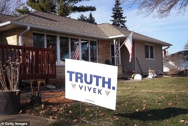 A campaign sign supporting Republican presidential candidate businessman Vivek Ramaswamy sits in the front yard of a Jesup, Iowa