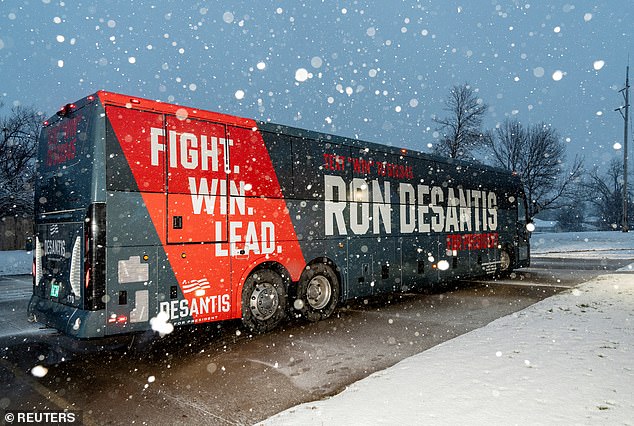 The campaign bus for Republican presidential candidate, Florida Governor Ron DeSantis, is parked outside a campaign event in Marion, Iowa