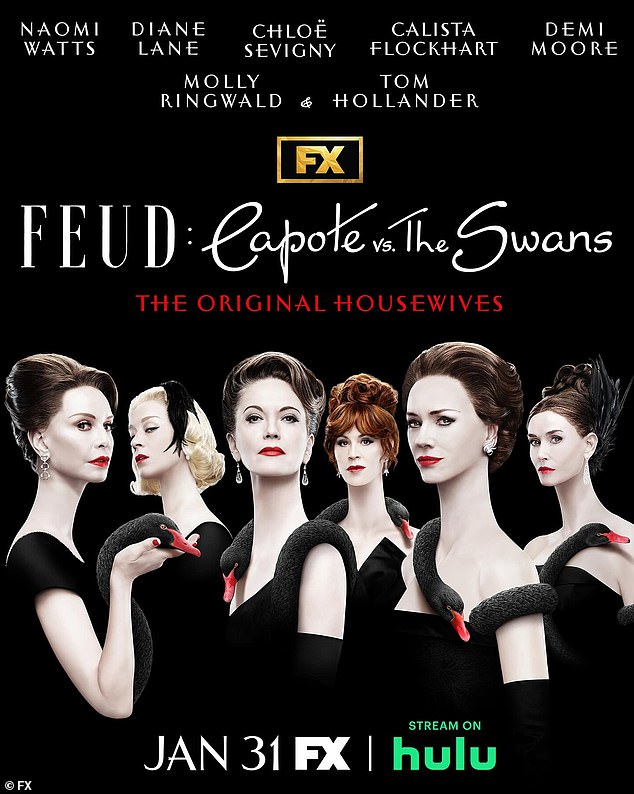 Here, Calista is seen on the far left with (from left to right) Chloe Sevigny, Diane Lane, Molly Ringwald, Naomi Watts and Demi Moore for Feud: Capote Vs.  The Swans