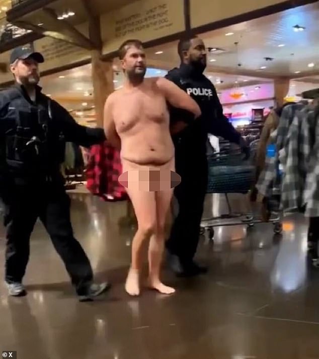 It culminated in police leading the still-naked suspect wearing bracelets from the small town store, after an incident that lasted only about five minutes in total, police said.