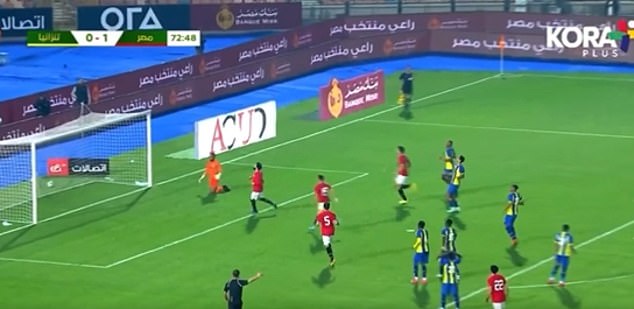 He wanted to shoot the ball into the top right corner, but ended up hitting the crossbar.  Fortunately for Salah, the ball hit the back of the goalkeeper and bounced into the net