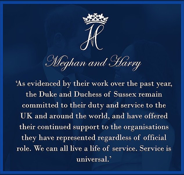 Prince Harry and Meghan returned with a statement that pointedly referenced that of the late Queen: “We can all live a life of service.  Service is universal.”