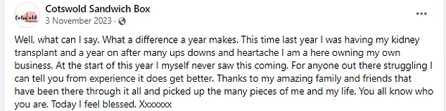 Gill posted in November how she had undergone a kidney transplant a year earlier and how her family had 'picked up the many pieces of my life'