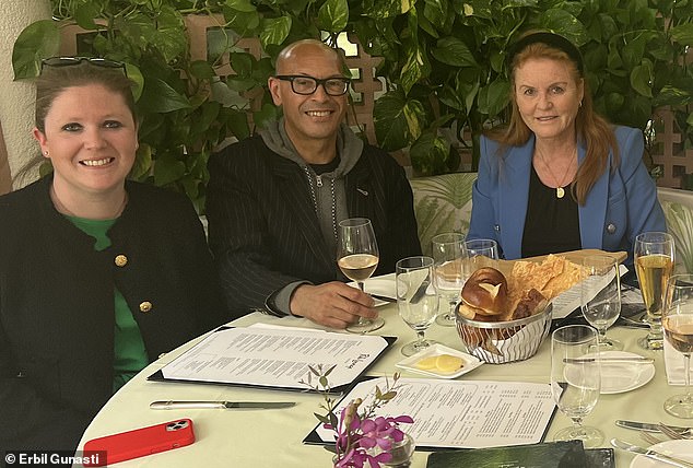 Sarah Ferguson's assistant Antonia Marshall (left) pictured with the Duchess of York and TV producer David Ellender at an event in Beverly Hills