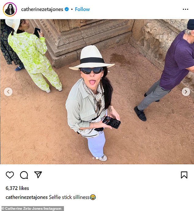 Academy Award-winning actress Catherine got cheeky and stuck her tongue out as Dylan took another photo of him raising his selfie stick to the sky