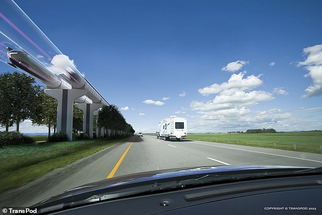 The system sends magnetically levitated trains through vacuum tubes to reduce friction, as shown in this artist's rendering