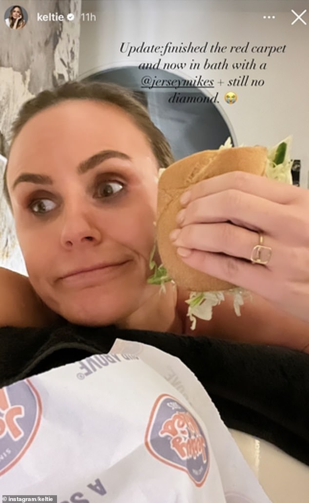 Later that evening she shared a photo of herself enjoying Jersey Mike's, but unfortunately there was still no sign of her ring