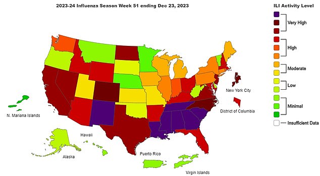 The map above shows flu-like illnesses by state in the week to December 23, just before the last available case