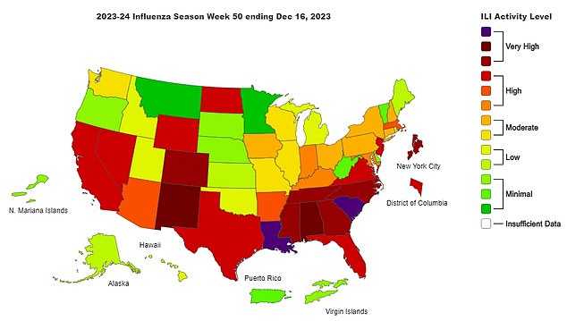 And the above shows flu-like illnesses by state in the week to December 16, two weeks before the last week available