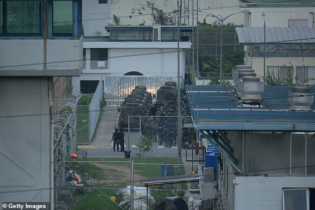 Police and military officers enter Litoral Prison in Guayaquil, Ecuador on January 7, 2024