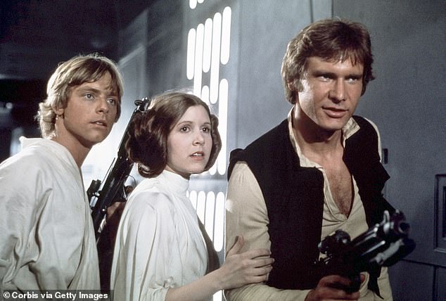 Mark first appeared on screens as Luke Skywalker in the original 1977 film A New Hope, before reprising his roles in five other films (pictured with Carrie Fisher as Princess Leia and Harrison Ford as Han Solo).