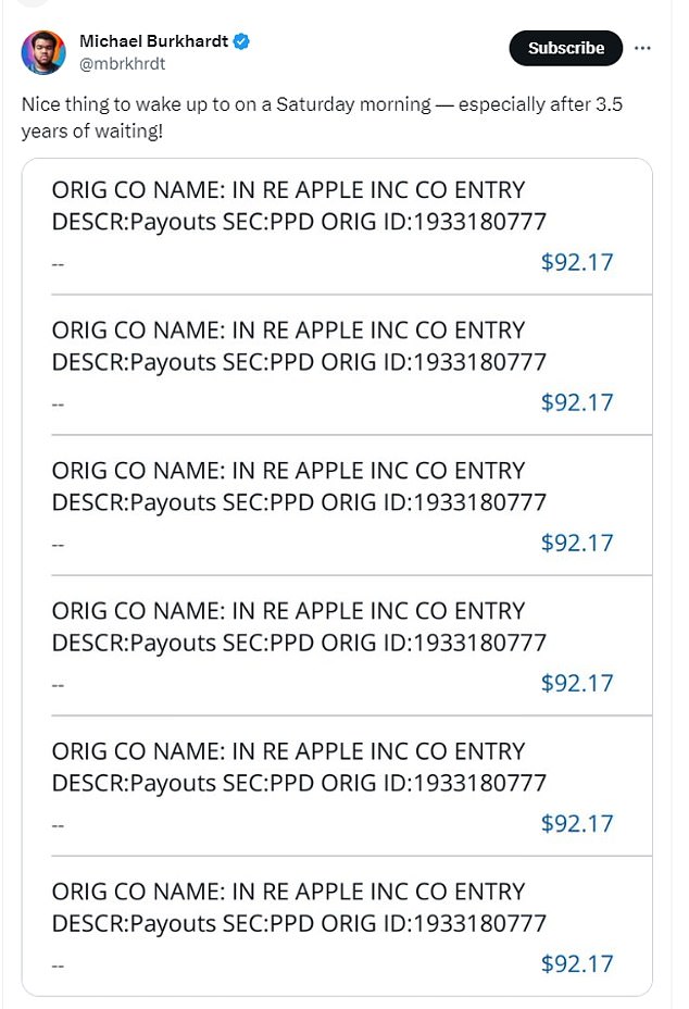 Many iPhone users are seeing money flowing into their bank accounts.  Michael Burkhardt shared an image on X showing him receiving six payments of $92.17