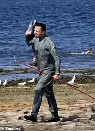 The spearfisherman slung the fish over his shoulder as he marched onto the beach