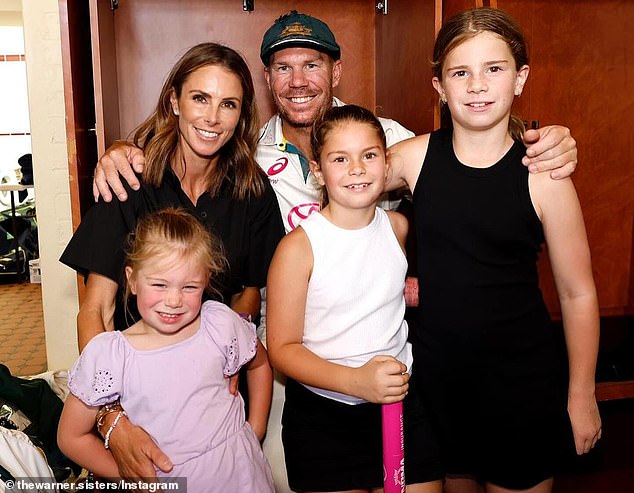 Warner's daughters (pictured from left to right with their parents) Isla, Indi and Ivy sent their own message of appreciation to their father