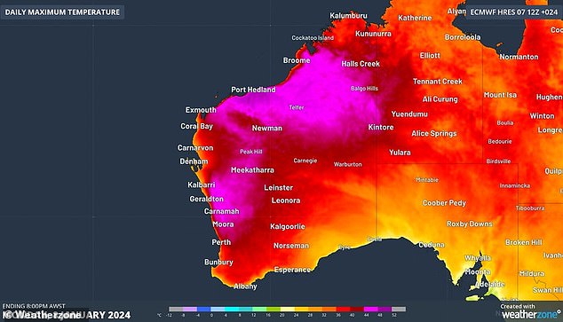 An extreme heatwave (above) will linger over Western Australia until next week with temperatures 'well into the 40s Celsius'