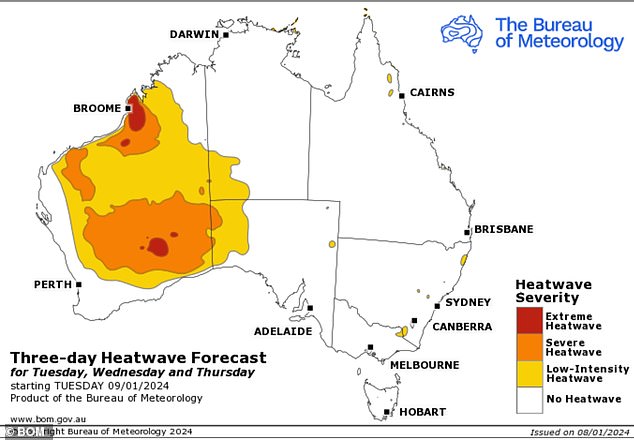 The extreme heatwave (forecast above) is expected to reach Perth on Thursday or Friday