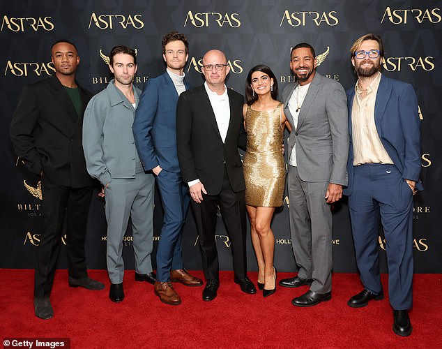 L-R Jessie Usher, Chace Crawford, Jack Quaid, Eric Kripke, Laz Alonso and Antony Starr from TV show The Boys