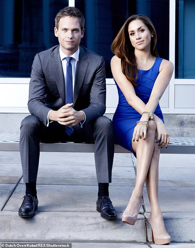 Meghan played paralegal Rachel Zane on Suits from 2010 until her final episode in 2018, a month before her wedding to Prince Harry.  Meghan pictured with Adams in a promotional photo for Suits