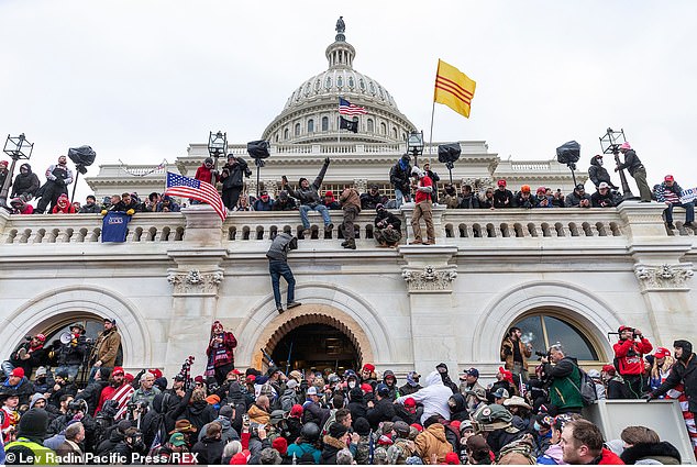 The Colorado Supreme Court claims that Trump engaged in an insurrection and is therefore disqualified from running for office under Clause 3 of the 14th Amendment — but Republicans argue that the ex-president was never charged with insurrection.  Pictured: Trump supporters stormed the Capitol on January 6, 2021 to block Congress from certifying Joe Biden's 2020 election victory