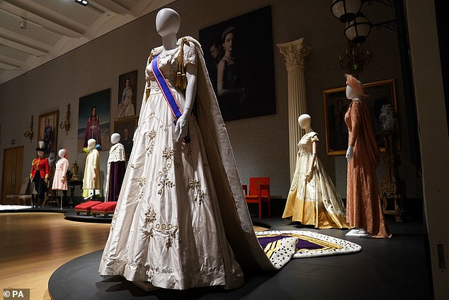 A reproduction of Princess Margaret's coronation dress, part of the collection of more than 450 costumes, sets and props from the Netflix series The Crown