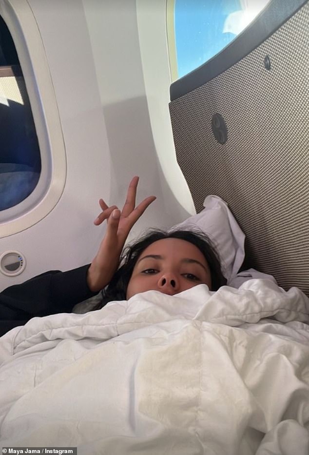 Maya shared a sweet selfie of herself tucked into her bed as she woke up from her nap during the flight