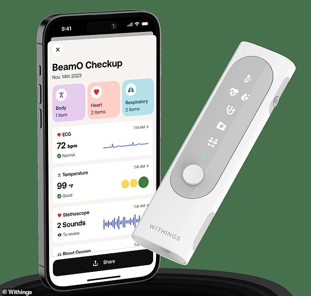 Portable and smaller than a smartphone, the BeamO is packed with sensors and combines a thermometer, pulse oximeter, ECG and stethoscope