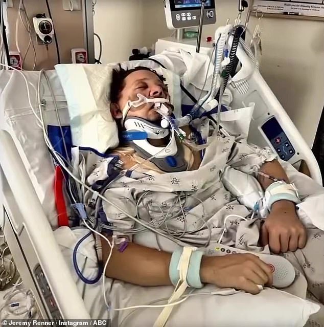 Renner had his chest crushed and his upper body collapsed when he was pulled under a seven-ton snow plow on his Lake Tahoe property just hours after the new year arrived.