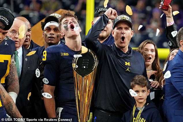 Michigan head coach Jim Harbaugh (right) has remained coy about his future beyond this year
