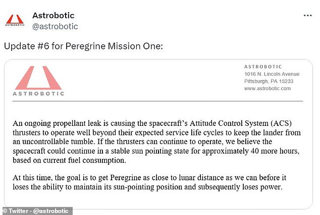 At 02:16 GMT today, Astrobotic announced that the Peregrine lander had about 40 hours of fuel left to get as close to the moon as possible