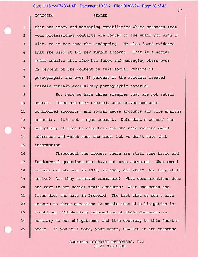 In a nearly unsealed court transcript (pictured), Meredith Schultz, an attorney for Giuffre, said evidence showed Maxwell 