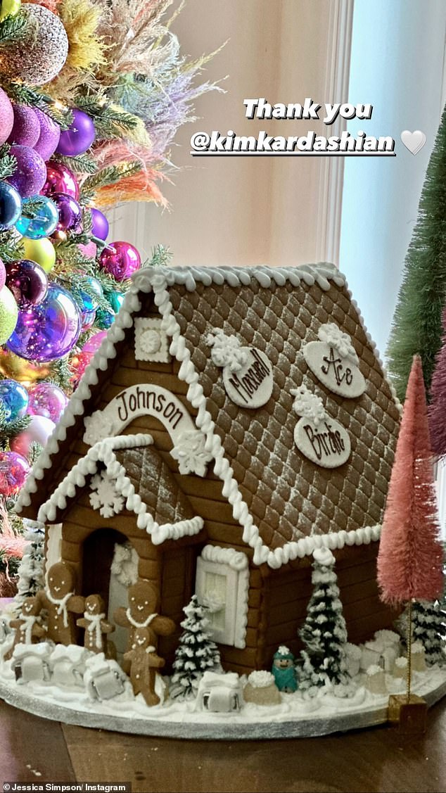 This comes after Jessica revealed she had received a gift from her friend Kim Kardashian.  Kim sent a gingerbread house from Solvang Bakery in time for Christmas.  The house bore the name Johnson for Jessica's husband Eric Johnson, as well as the names of Jessica's three children: Maxwell Drew, Ace Knute and Birdie Mae