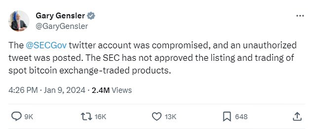 At 4:26 p.m., SEC Chairman Gary Gensler posted his own tweet suggesting that the official SEC account had been 