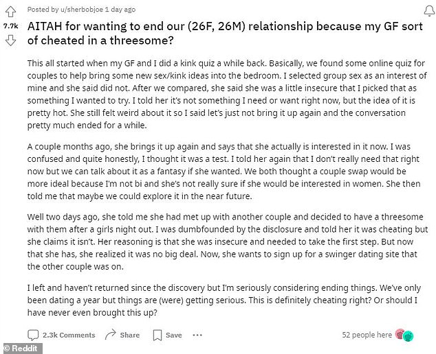 The unnamed 26-year-old took to Reddit to ask the question on the AITAH - short for Am I The A** Hole - thread