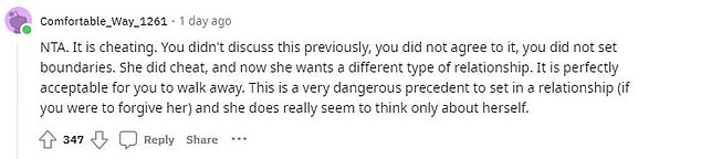 Across more than 2,300 comments, users highlighted that the man was an NTA – or 'Not The A**hole' – if he went ahead with breaking up with the girlfriend, with many strongly encouraging him to do so.