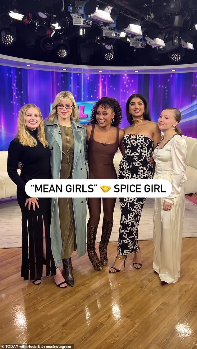 Rapp was joined at Rockefeller Center in Manhattan on Monday by her Mean Girl castmates Angourie Rice (L), Avantika (2-R) and Bebe Wood (R) and Spice Girl Mel B (M)