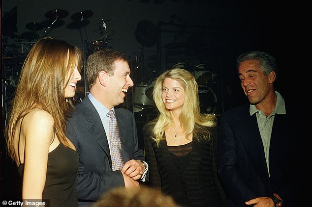 Melania Knauss, Prince Andrew, Gwendolyn Beck and Jeffrey Epstein at Mar-a-Lago in February 2000