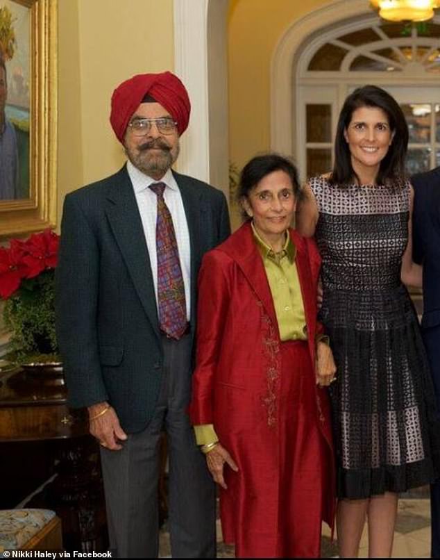 Haley is pictured with her parents, who moved to Canada to study before settling in South Carolina in 1969