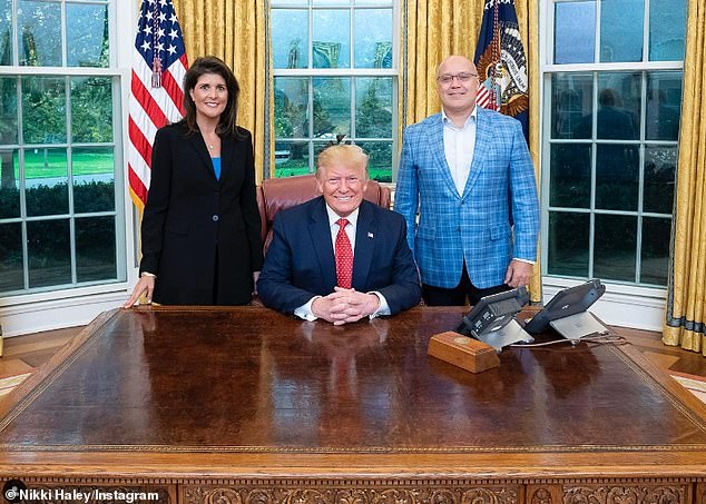 Haley and her husband Michael are pictured with Donald Trump at the White House