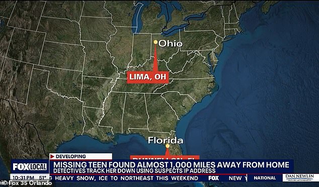 He drove nearly 2,000 miles to the teen's home in Lima before taking her back to his home in Dunnellon, Florida, police said.